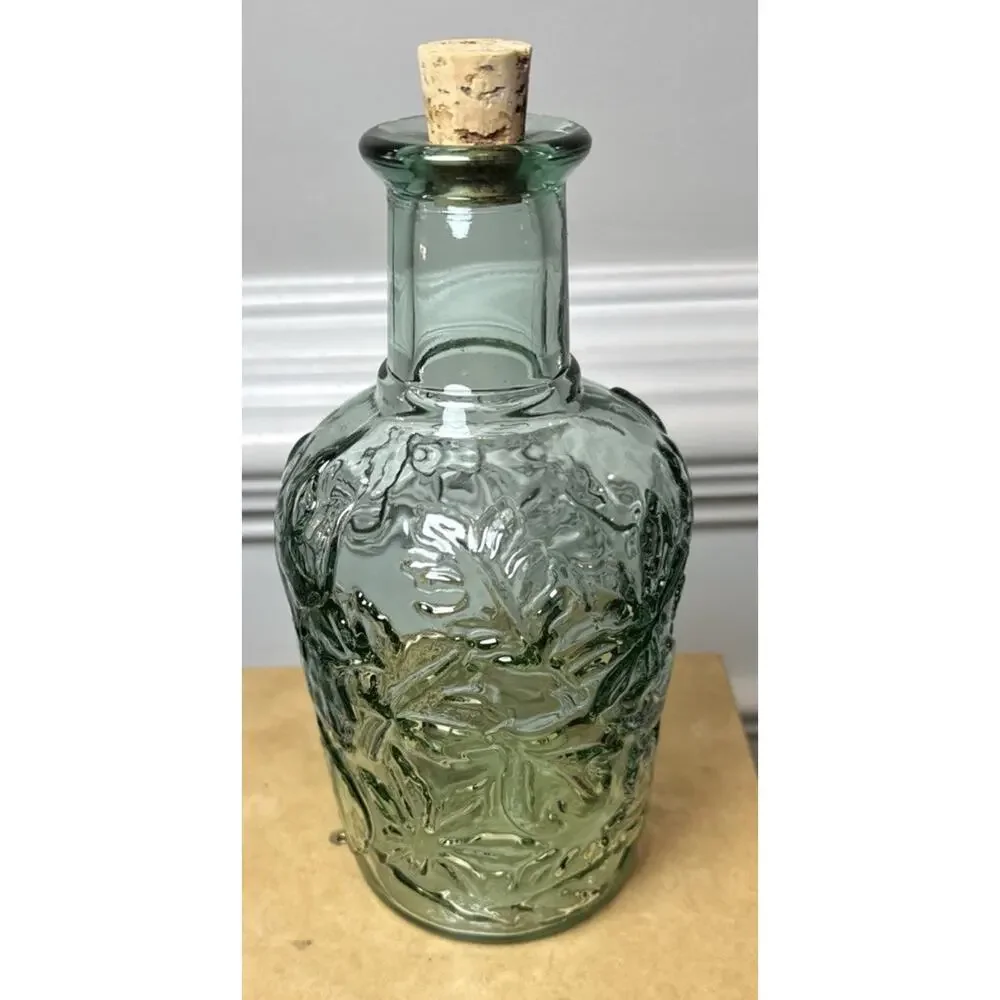 Vintage Canada Green Embossed Glass Bottle Decanter Cork Stopper Floral Leaf
